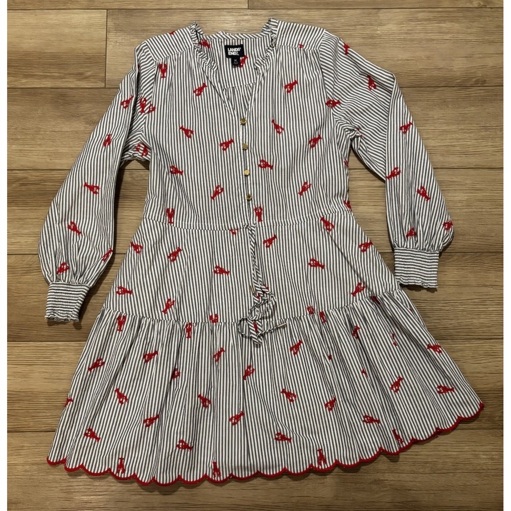 Lands' End Long Sleeve Lobster Embroidery Mini Popover Dress Medium 10/12